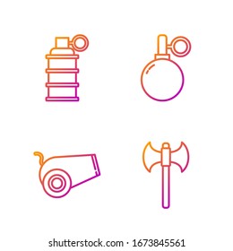 Fije la línea de hacha medieval, cañón, granada de mano y granada de mano. Iconos de color degradado. Vector