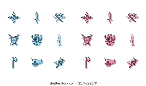 Set line Medieval axe, Cannon, Japanese ninja shuriken, Target sport, Military knife, shield with crossed swords and  icon. Vector