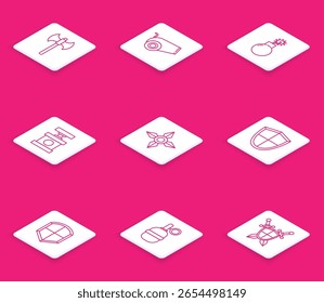 Set line Hacha medieval, Cañón, Bomba lista para explotar, Manejar detonador para dinamita, ninja japonés shuriken, Escudo, y el icono de granada. Vector
