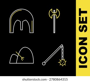 Set line Medieval axe, chained mace ball, Bale of hay and rake and iron helmet icon. Vector
