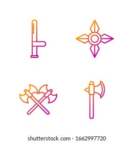 Set Linie Mittelalterliche Axt, überquerte Mittelalterachsen, Polizei Gummibaton und japanische Ninja Shuriken. Farbsymbole. Vektorillustration