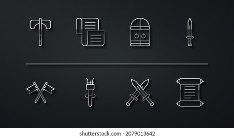 Set line Medieval axe, Crossed medieval flag, sword, Torch flame, Decree, parchment, scroll,  and castle gate icon. Vector
