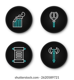 Set line Medieval axe, Decree, parchment, scroll, Neptune Trident and Broken ancient column icon. Vector