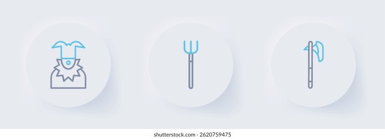 Set line Medieval axe, Garden pitchfork and Joker head icon. Vector