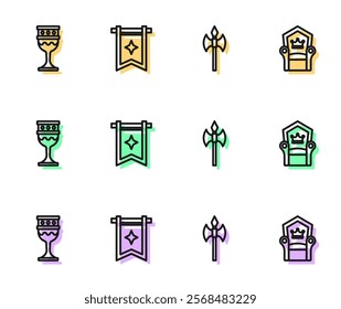 Set line Medieval axe, goblet, flag and throne icon. Vector