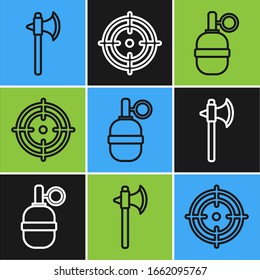 Set line Medieval axe, Hand grenade and Target sport icon. Vector