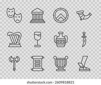 Set line Medieval axe, Hermes sandal, Greek shield, Decree, parchment, scroll, Comedy tragedy masks, Wine glass, Ancient lyre and Dagger icon. Vector