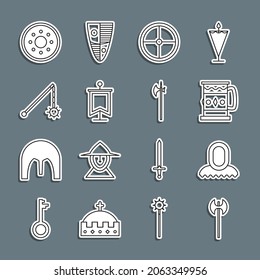 Set line Medieval axe, hood, Wooden mug, Round wooden shield, flag, chained mace ball,  and halberd icon. Vector