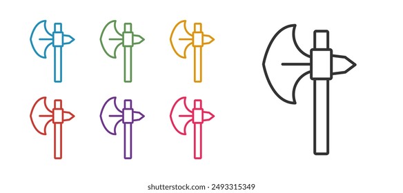 Establecer línea Medieval hacha icono aislado sobre fondo blanco. Hacha de guerra, hacha de verdugo. Arma medieval. Establecer iconos coloridos. Vector