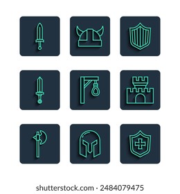 Fijar línea Hacha medieval, casco de hierro, escudo, horca, espada, y Castillo, icono de fortaleza. Vector