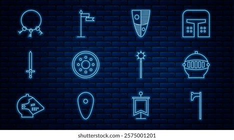 Set line Medieval axe, iron helmet, Shield, Round wooden shield, sword, Old keys, chained mace ball and flag icon. Vector