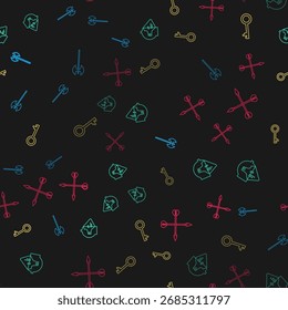 Set line Medieval axe, iron helmet, Old key and crossed arrows on seamless pattern. Vector