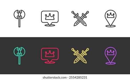 Set line Medieval axe, Location king crown, Crossed medieval sword and  on black and white. Vector