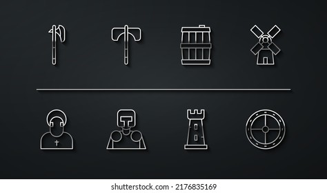 Set line Medieval axe, Monk, Windmill, Castle tower, knight, Round wooden shield and Wooden barrel icon. Vector