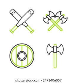 Hacha medieval, escudo de madera redondo, hachas medievales cruzadas e icono del bate de béisbol. Vector