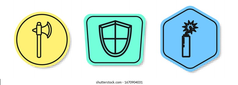 Set line Medieval axe, Shield and Dynamite bomb stick clock. Colored shapes. Vector