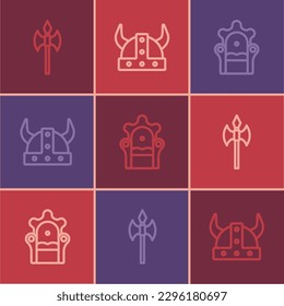 Set line Medieval axe, throne and Viking in horned helmet icon. Vector