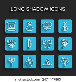 Set line Medieval axe, Video game bar, Decree, parchment, scroll, Witch hat, Magic staff, bow, Sword for and Body armor icon. Vector
