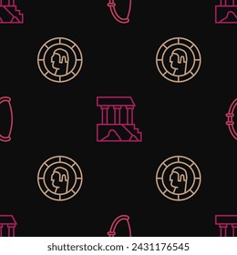 Fija el arco medieval, la moneda griega antigua y el Partenón en el patrón sin fisuras. Vector