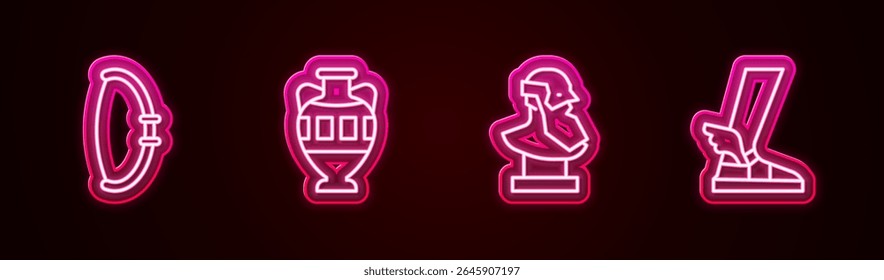 Set line Medieval bow, Ancient amphorae, bust sculpture and Hermes sandal. Glowing neon icon. Vector