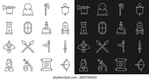 Set line Medieval bow and arrow, sword, throne, axe, Shield, Castle tower, Trumpet with flag and Sword in the stone icon. Vector