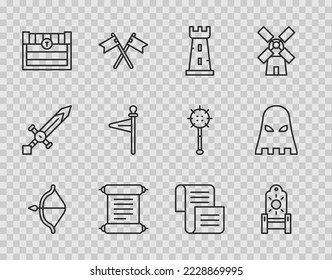 Set line Medieval bow and arrow, throne, Castle tower, Decree, parchment, scroll, Antique treasure chest, flag,  and Executioner mask icon. Vector