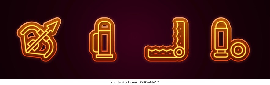 Fijar la línea Arco y flecha Medieval, Contenedor Thermos, Caza de Trampa y Bullet. Icono de neón brillante. Vector