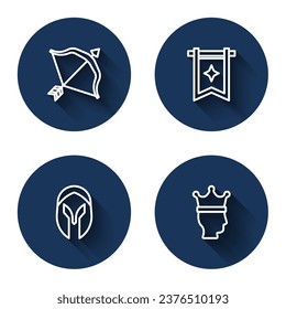 Set line Medieval bow and arrow, flag, helmet and King crown with long shadow. Blue circle button. Vector