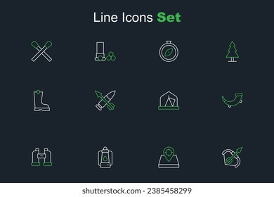 Set line Medieval bow and arrow, Hunt place, Camping lantern, Binoculars, Hunting horn, Tourist tent, Crossed bullet with and Waterproof rubber boot icon. Vector