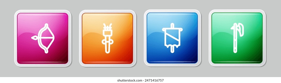 Set line Medieval bow and arrow, Torch flame, flag and axe. Colorful square button. Vector