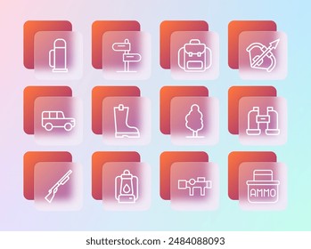 Set line Mittelalterlicher Pfeil und Bogen, Campinglaterne, Baum, Scharfschütze optische Sicht, Wasserdichter Gummistiefel, Wanderrucksack, Thermoscontainer und Straßenverkehrszeichen Symbol. Vektorgrafik