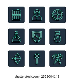 Conjunto de arco y flecha medieval, bola de maza encadenada, hachas medievales cruzadas, escudo de madera redondo, escudo, espada, la piedra, barril de madera y viejo icono de bolsa de dinero. Vector