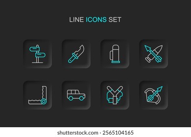 Set line Medieval bow and arrow, Slingshot, Safari car, Trap hunting, Crossed bullet with, Thermos container, Hunter knife and Road traffic sign icon. Vector