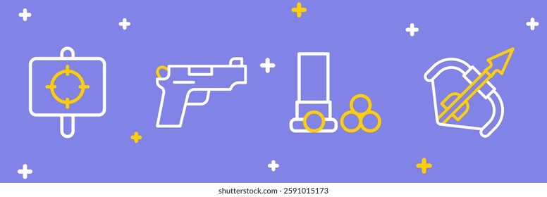 Set line Medieval bow and arrow, Cartridges, Pistol or gun and Target sport icon. Vector