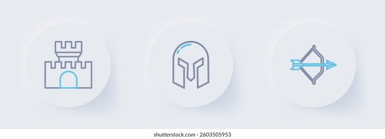 Set line Medieval bow and arrow, iron helmet and Castle, fortress icon. Vector