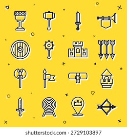 Arco y flecha medieval, torre del castillo, flechas cruzadas, espada, bola de maza encadenada, escudo de madera redondo, copa y castillo, icono de la fortaleza. Vector
