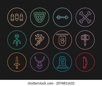 Fijar la línea arco medieval, hacha, flecha, espada para el juego, personal mágico, Bullet, carteles de la calle con el icono Bar y Escudo. Vector
