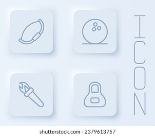 Fijar la línea arco medieval, bola de bolas, llama de antorcha y peso. Botón cuadrado blanco. Vector