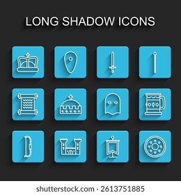 Set line Medieval bow, Castle, King crown, flag, Round wooden shield, Wooden mug and Executioner mask icon. Vector