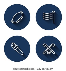 Set line Medieval bow, Checkered flag, Torch flame and Ice hockey sticks and puck with long shadow. Blue circle button. Vector