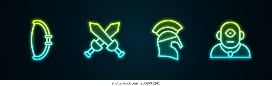Set Linie Mittelalterliche Schleife, gekreuztes mittelalterliches Schwert, griechischer Helm und Zyklopen. Leuchtendes Neonsymbol. Vektorgrafik