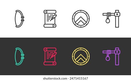 Set line Medieval bow, Decree, parchment, scroll, Greek shield and Gallows on black and white. Vector