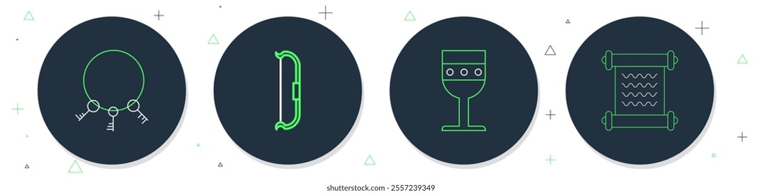 Set line Medieval bow, goblet, Old keys and Decree, parchment, scroll icon. Vector