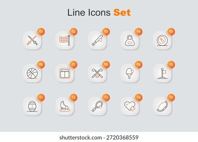 Set line Mittelalterliche Schleife, Herzfrequenz, Tennisschläger mit Ball, Schlittschuhe, American Football, Flagge, Schläger und Eishockeyschläger und Puck-Ikone. Vektorgrafik