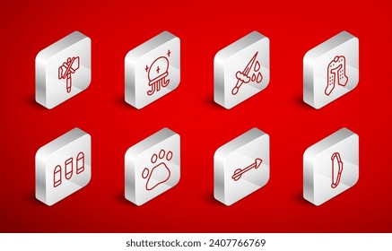 Set line Medieval bow, Magic ball, Sword with blood, helmet, Arrow, axe, Bear paw footprint and Bullet icon. Vector