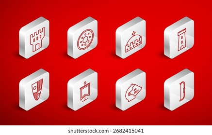 Set line Arco medieval, escudo de madera redondo, corona del rey, torre del castillo, casco de hierro, bandera e icono del escudo. Vector