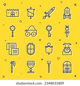 Set line Medieval castle gate, Joker head, Torch flame, sword, Wooden four-wheel cart, chained mace ball,  and Old key icon. Vector