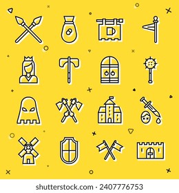 Set line Medieval castle gate, Sword with blood, chained mace ball, Street signboard Bar, axe, Princess, Crossed medieval spears and  icon. Vector