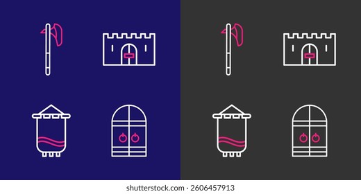 Set line Medieval castle gate, flag,  and axe icon. Vector