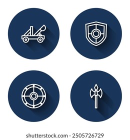 Set line Medieval catapult, Shield, Round shield and axe with long shadow. Blue circle button. Vector